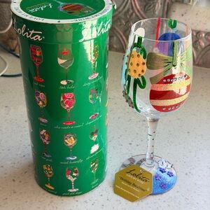 Lolita Hand-Painted Holiday Wine Glass with Green, Red, Gold & Blue Accents